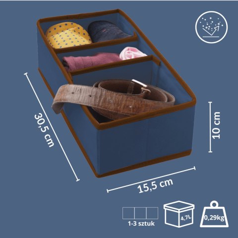 BLUE niebieski organizer do szuflady 3 przegrody 30,5x15,5x10cm