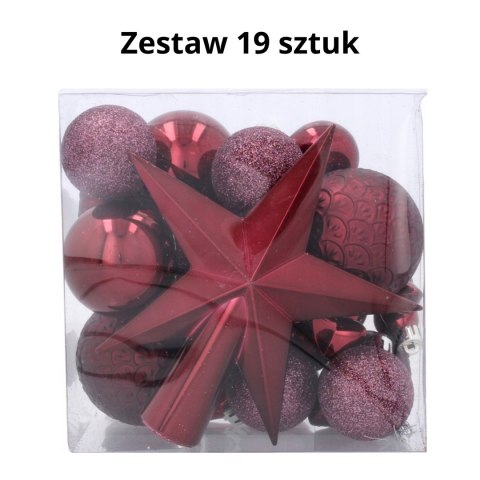 Komplet 19 Bombek Choinkowych Kamai Christmas Decoration - Kolor Burgund z Gwiazdą na Czubek