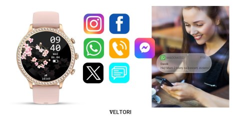 Smartwatch Damski Veltori VT310-1 Złota Bransoleta + Różowy Pasek Silikonowy