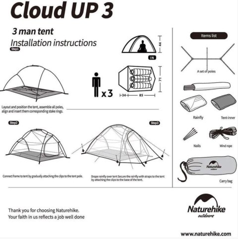 Namiot turystyczny Naturehike Cloud Up 3 (NH18T030-T) GREY-RED