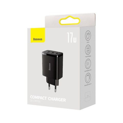 Ładowarka sieciowa BASEUS COMPACT QUICK CHARGER 3xUSB 17W CZARNA/BLACK