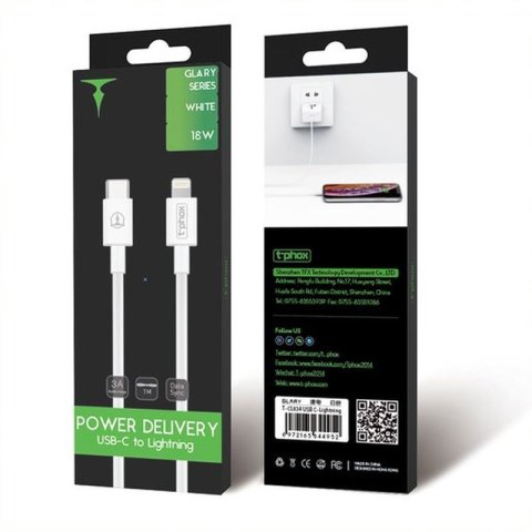 KABEL T-PHOX GLARY LITE SERIES 18W 1M USB-C/LIGHTNING WHITE