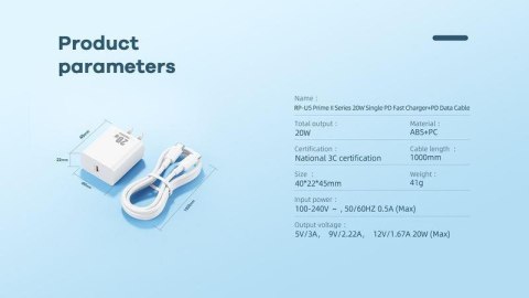 Ładowarka sieciowa REMAX PRIME II SERIES 20W RP-U5 + KABEL USB-C/LIGHTNING 1M