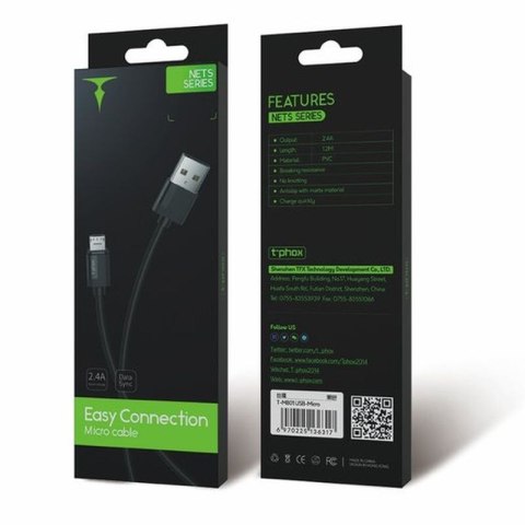 KABEL T-PHOX NETS MICRO USB BLACK 3A ; PVC ; 2M