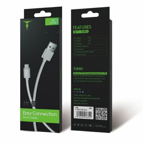 KABEL T-PHOX NETS MICRO USB WHITE 3A ; PVC ; 2M