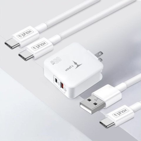 Ładowarka sieciowa T-PHOX MEGA T-PP09 GAN PD 65W USB/USB-C WHITE