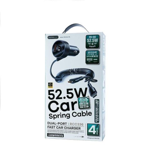 Ładowarka samochodowa SAGA SERIES 52.5W RCC336 PD QC 1xUSB-C + 1xUSB WITH CABLE C+L BLACK