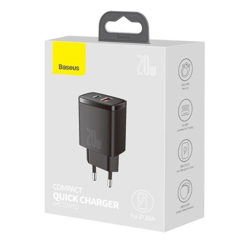 Ładowarka sieciowa BASEUS COMPACT QC USB-USB-C 20W CZARNA/BLACK