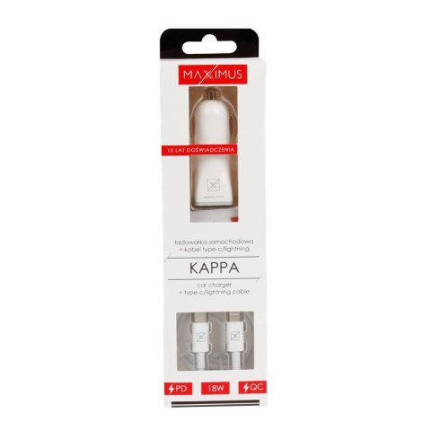 Ładowarka samochodowa MX KAPPA 18W PD+QC, USB-A+C + KABEL C/LIGHTNING 20W PD, WHITE/BIAŁY