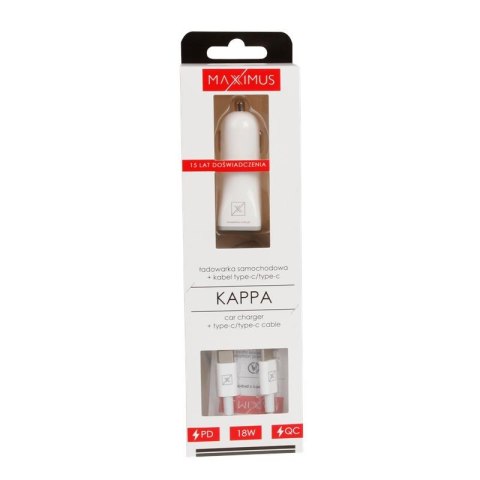 Ładowarka samochodowa MX KAPPA 18W PD+QC, USB-A+C + KABEL Type-C - Type-C 20W PD, WHITE/BIAŁY