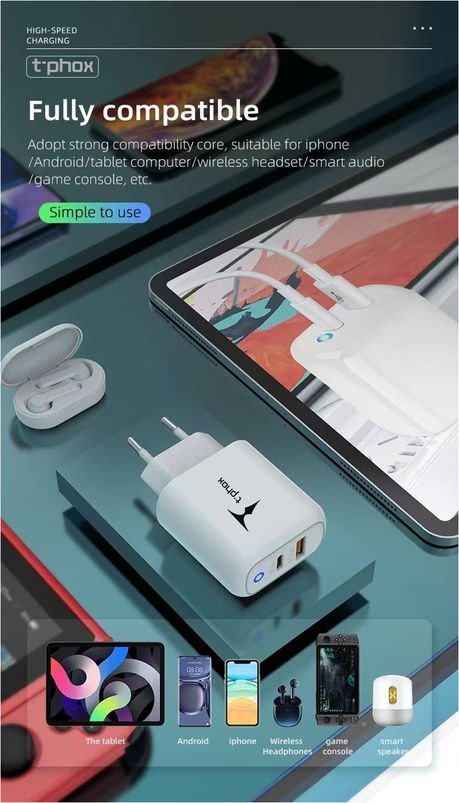 Ładowarka sieciowa T-PHOX GLORY 45W USB/USB-C WHITE