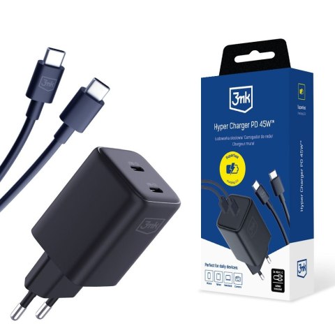 3MK ŁAD SIEC HYPER CHARGER 45W PD+USB Z KABLEM UBS-C/USB-C CZARNA