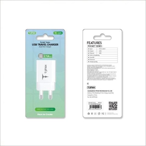 Ładowarka sieciowa T-PHOX POCKET SERIES 2xUSB TCC-224 12W 2.4A WHITE