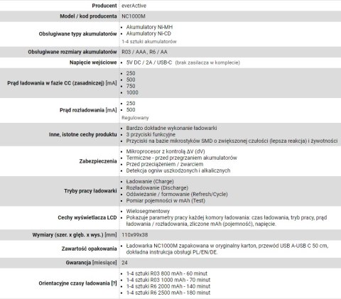 EVERACTIVE ŁADOWARKA AKUMULATORÓW NI-MH, PROFESJONALNA, 4-KANAŁOWA NC1000M