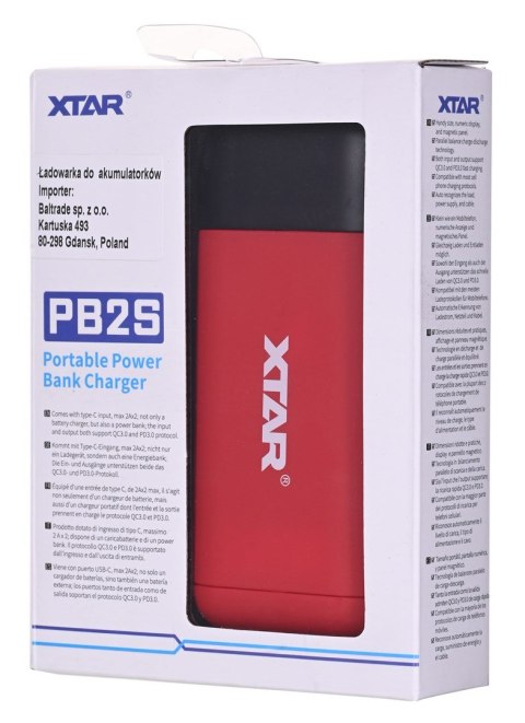 XTAR ŁADOWARKA/POWERBANK DO AKUMULATORÓW CYLINDRYCZNYCH LI-ION 18650/20700/21700 CZERWONY PB2S